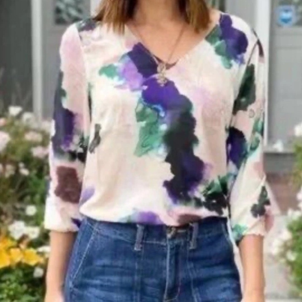 Cabi Long Sleeve Watercolor Chiffon Shirt Blouse #4341 Sz L